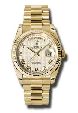 Rolex Day-Date Ivory Pyramid Dial 18K Yellow Gold President Automatic Mens Watch 118238iprp