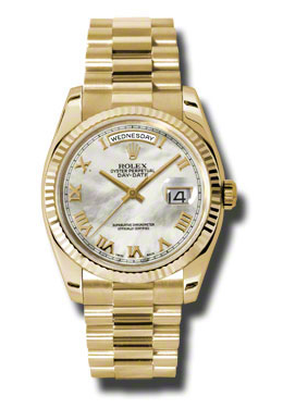 Rolex Day-Date White Mother-Of-Pearl Dial 18K Yellow Gold President Automatic Mens Watch 118238mrp