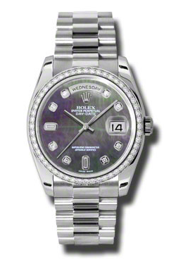 Rolex Day-Date Black Mother Of Pearl Dial Platinum President Automatic Ladies Watch 118346bkmdp
