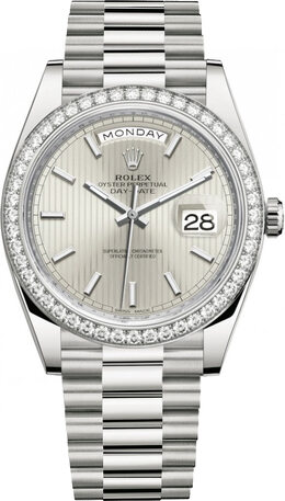 Rolex Day Date 40 Silver Stripe Dial Automatic Mens 18kt White Gold Watch 228349ssp