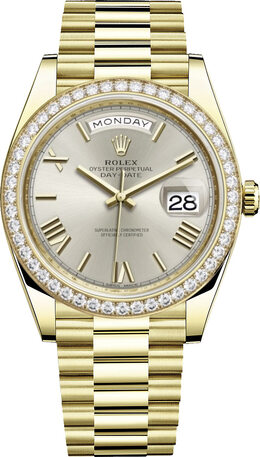 Rolex Day-Date 40 Silver Diagonal Motif Dial Automatic Mens 18kt Yellow Gold President Watch 228348srp