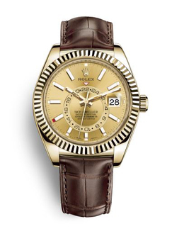 Rolex Sky-Dweller Champagne Dial Automatic 18kt Yellow Gold Mens Leather Watch 326138csl