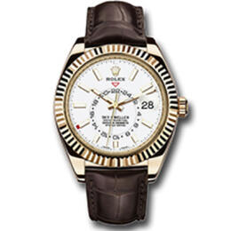 Rolex Sky-Dweller White Dial Automatic 18kt Yellow Gold Mens Leather Watch 326138wsl