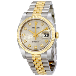 Pre-owned Rolex Oyster Perpetual Datejust 36 Silver With Diamond Dial Stainless Steel and 18K Yellow Gold Jubilee Bracelet Automatic Mens Watch Model# 116233-sjd