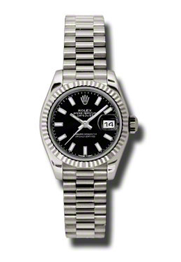 Rolex Lady-Datejust 26 Black Dial 18K White Gold President Automatic Ladies Watch 179179bksp