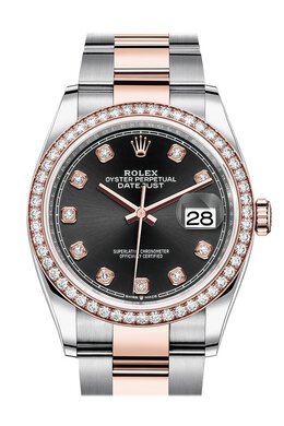 Rolex Datejust 36 Black Diamond Dial Automatic Mens Steel and 18k Everose Gold Oyster Watch 126281bkdo