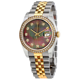 Rolex Datejust Black Mother of Pearl Dial Automatic Ladies 18 Carat Yellow Gold and Stainless Steel Watch 116243bkmdj