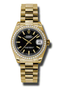 Rolex Lady-Datejust 31 Black Dial 18K Yellow Gold President Automatic Ladies Watch 178288bksp