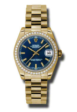 Rolex Lady-Datejust 31 Blue Dial 18K Yellow Gold President Automatic Ladies Watch 178288blsp