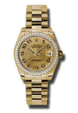 Rolex Lady-Datejust 31 Champagne Concentric Circle Dial 18K Yellow Gold President Automatic Ladies Watch 178288ccap