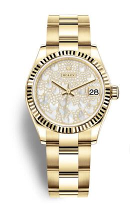 Rolex Datejust 31 Mother of Pearl Butterfly Diamond Pave Ladies 18kt Yellow Gold Watch 278278paveo