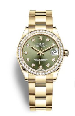 Rolex Datejust 31 Olive Green Diamond Dial Ladies 18kt Yellow Gold Oyster Watch 278288gndo