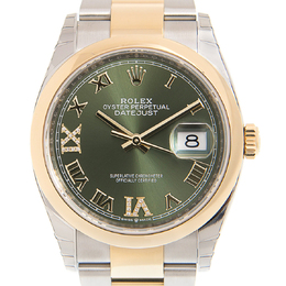 Rolex Datejust 36 Olive Green Diamond Dial Mens Steel and 18k Yellow Gold Oyster Watch 126203gnrdo