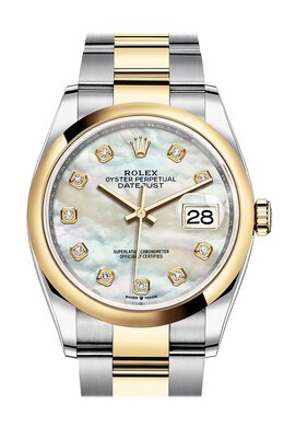Rolex Datejust 36 Mother of Pearl Diamond Dial Mens Steel and 18k Yellow Gold Oyster Watch 126203mdo