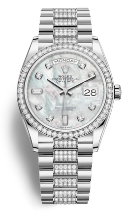 Rolex Day-Date 36 Mother of Pearl Dial 18kt White Gold Diamond Set President Watch 128349mddp