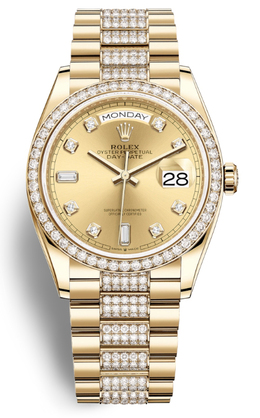 Rolex Day-Date 36 Automatic Diamond Champagne Dial 18kt Yellow Gold Diamond Set President Watch 128348cddp