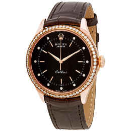 Rolex Cellini Time Black Diamond Dial Automatic Mens Leather Watch 50705bkdl