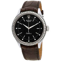 Rolex Cellini Time Black Diamond Dial Ladies Alligator Leather Watch 50709bkdl