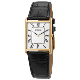 Seiko Essentials SWR052 White Dial Quartz Analog Watch with Yellow Gold-Tone Stainless Steel Case and Black Croco-Embossed Leather Strap