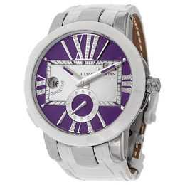 Ulysse Nardin Executive Dual Time Purple Dial Diamond White Leather Ladies Watch 243-10-30-07 243-10/30-07