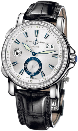 Ulysse Nardin GMT Big Date Silver Dial Stainless Steel Black Leather Mens Watch 243-55B-91 243-55b/91