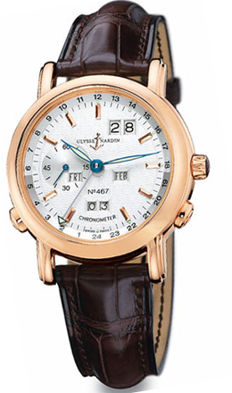 Ulysse Nardin GMT Perpetual Silver Dial 18kt Yellow Gold Brown Leather Automatic Mens Watch 322-88-91