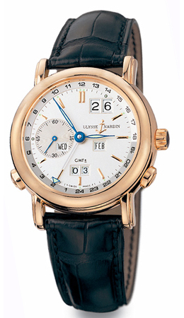 Ulysse Nardin GMT Perpetual Silver Dial 18kt Rose Gold Black Leather Mens Watch 326-22