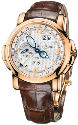 Ulysse Nardin GMT Perpetual Silver Dial 18kt Rose Gold Brown Leather Mens Watch 326-60-60 326-60/60