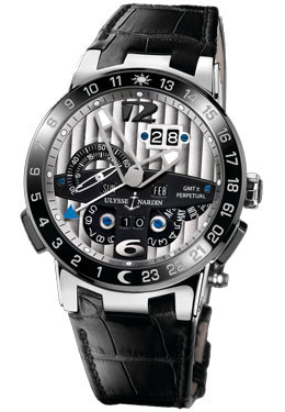Ulysse Nardin El Toro GMT Silver Dial Platinum Black Leather Mens Watch 329-00