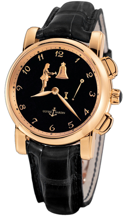 Ulysse Nardin Hour Striker Black Dial 18kt Rose Gold Black Leather Mens Watch 6106-103-E2 6106-103/e2