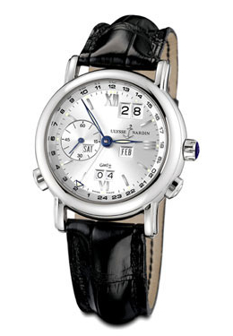 Ulysse Nardin GMT Perpetual Silver Dial 18kt White Gold Black Leather Mens Watch 320-22-31 320-22/31