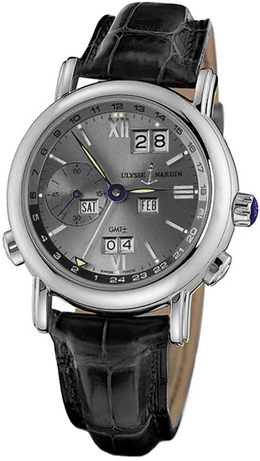 Ulysse Nardin GMT Perpetual Grey Dial 18kt White Gold Black Leather Mens Watch 320-22-32 320-22/32