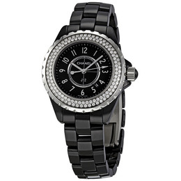 Pre-owned Chanel J12 Diamonds Diamond Black Dial Ladies Watch h0949