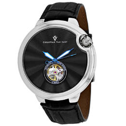 Christian Van Sant Cyclone Automatic cv0146 Mens Watch, Silver Stainless Steel Case with Black Dial and Black Leather Strap