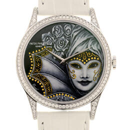 Patek Philippe Calatrava Rare Handcrafts Automatic Diamond Black Dial Ladies Watch 5077-100g-030