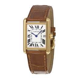 Cartier Tank Mens Watch Silver Grained Dial 18kt Yellow Gold Case Brown Leather Strap Article: W1529756
