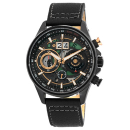 Stuhrling Ace Aviator m15544 Mens Watch - Black Dial, Chronograph, Tachymeter, Calfskin Leather Strap