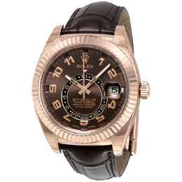 Pre-owned Rolex Sky Dweller 326135BRAL Mens Automatic GMT Brown Dial Rose Gold Strap Watch