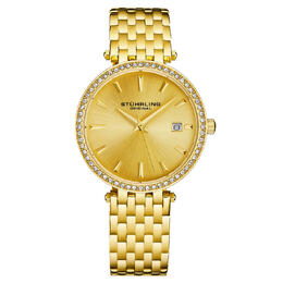 Stuhrling Symphony M17186 - Gold Dial Ladies Quartz Watch Yellow Gold-tone Alloy Case with Stainless Steel Bracelet Fixed Bezel Analog Date Display