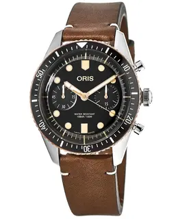 Oris Divers Sixty-Five Black Chronograph Dial Leather Strap Men's Watch 01 771 7744 4354-07 5 21 45