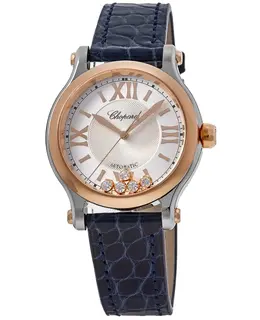 Chopard Happy Sport Automatic 33mm Floating Diamonds 18K Rose Gold Bezel Leather Strap Women's Watch 278608-6001