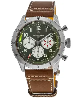 Breitling Super Avi B04 Chronograph GMT 46 Curtiss Warhawk Green Dial Leather Strap Men's Watch ab04452a1l1x1