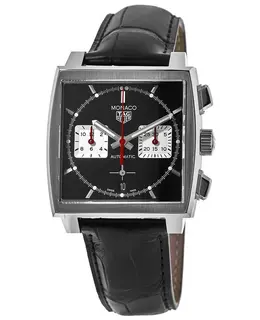 Tag Heuer Monaco Chronograph Black Dial Black Leather Strap Men's Watch cbl2113.fc6177