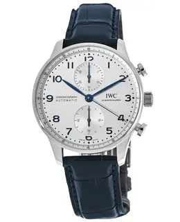 IWC Portugieser Automatic Chronograph Silver Dial Blue Leather Strap Men's Watch iw371605