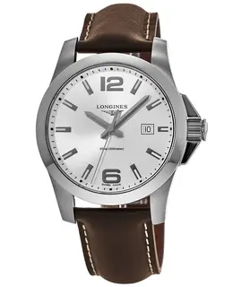 Longines Conquest 43 Silver Dial Brown Leather Strap Men's Watch l3.760.4.76.5