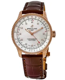 Breitling Navitimer Automatic 35 Mother of Pearl Dial Diamond Brown Leather Strap Women's Watch r17395211a1p2