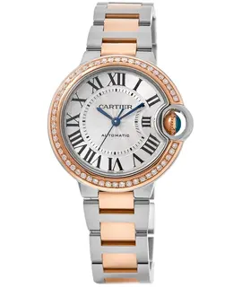 Cartier Ballon Bleu 33mm 18kt Rose Gold & Steel Custom Diamond Bezel Women's Watch w2bb0032-CD