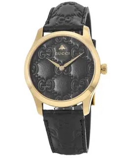 Gucci G-Timeless Gold Tone Steel Black Dial Leather Strap Women's Watch ya1264034a