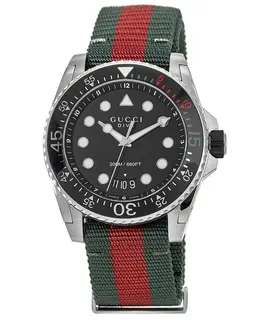 Gucci Dive Black Dial Green and Red Nylon Fabric Strap Men's Watch ya136209a