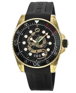 Gucci Dive Gold Tone Black Dial Rubber Strap Men's Watch ya136219